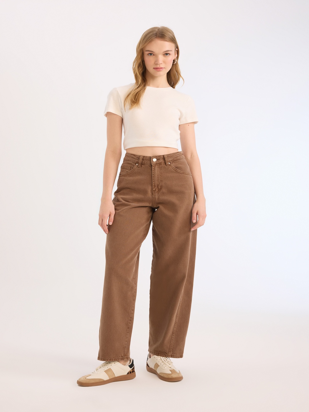 

DeFacto Women Cotton High-Rise Trousers, Brown