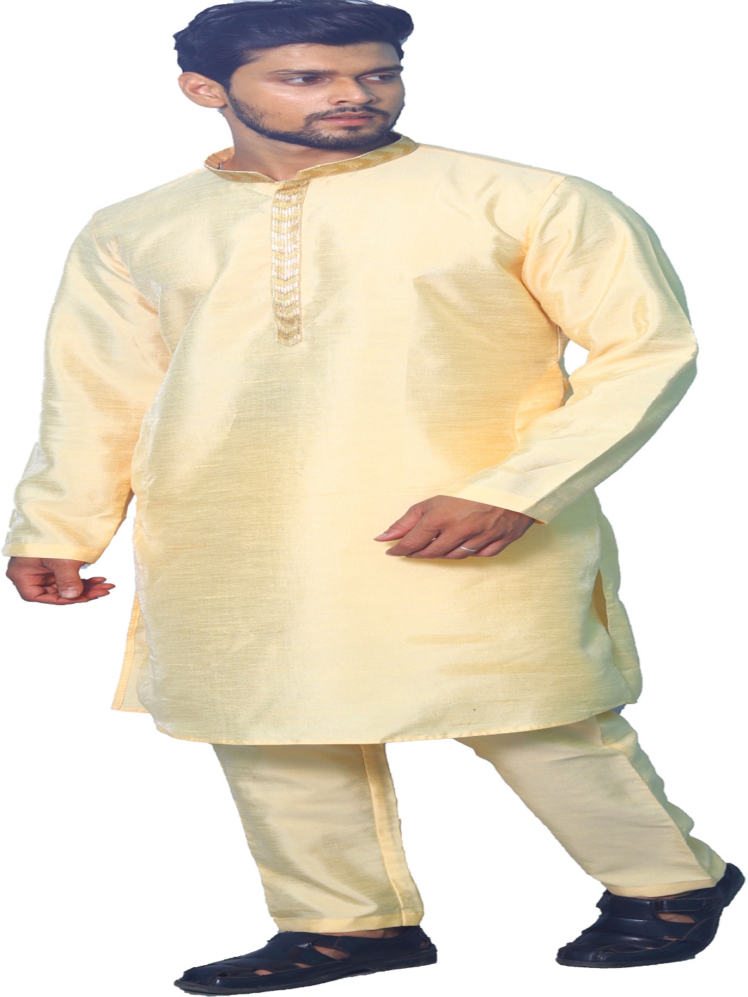 

House of Aqss Mandarin Collar Thread Work Straight Kurta With Trousers, Gold
