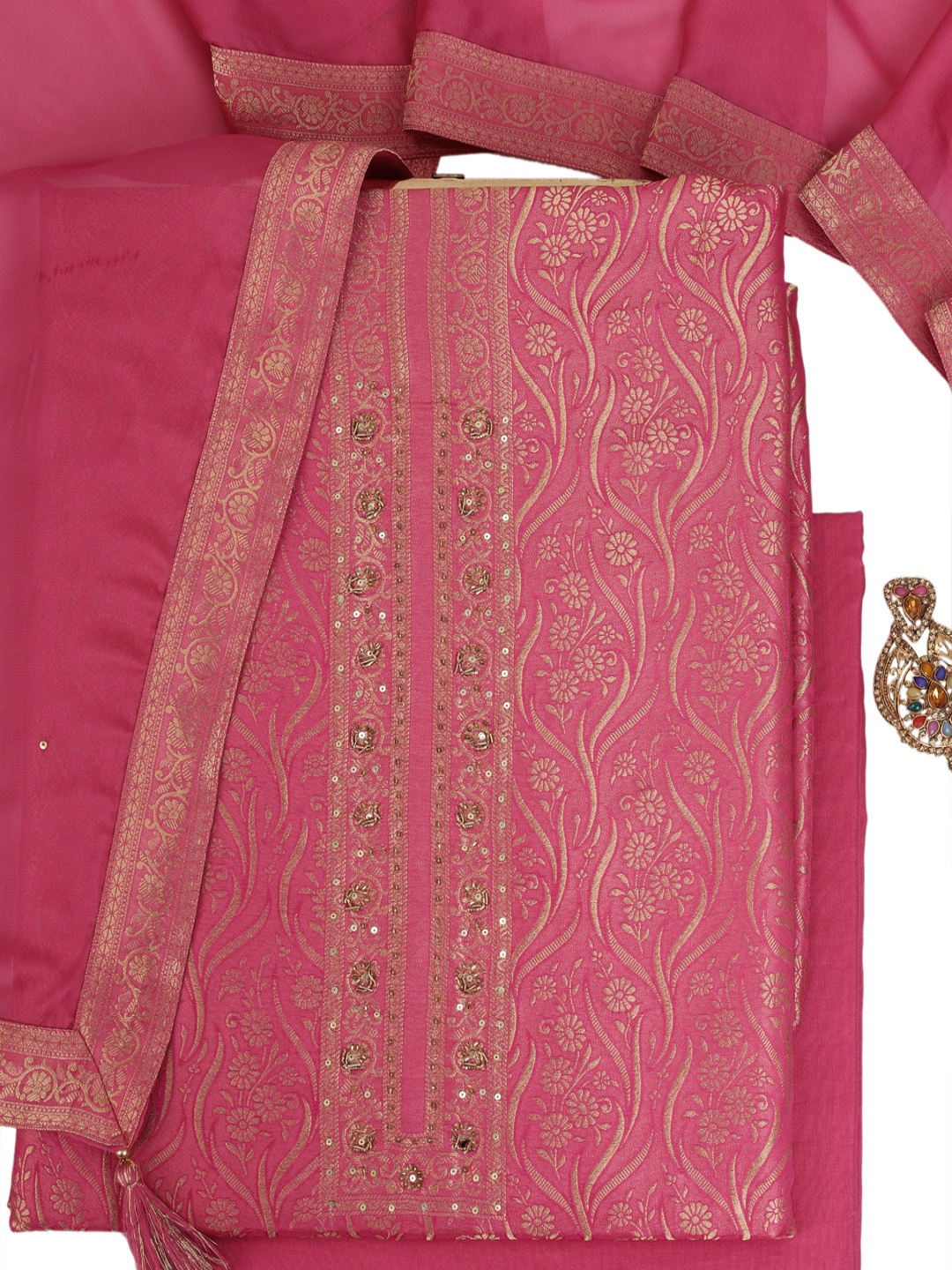 

KULEESH Floral Woven Design Sequinned Tissue Jacquard Unstitched Dress Material, Pink