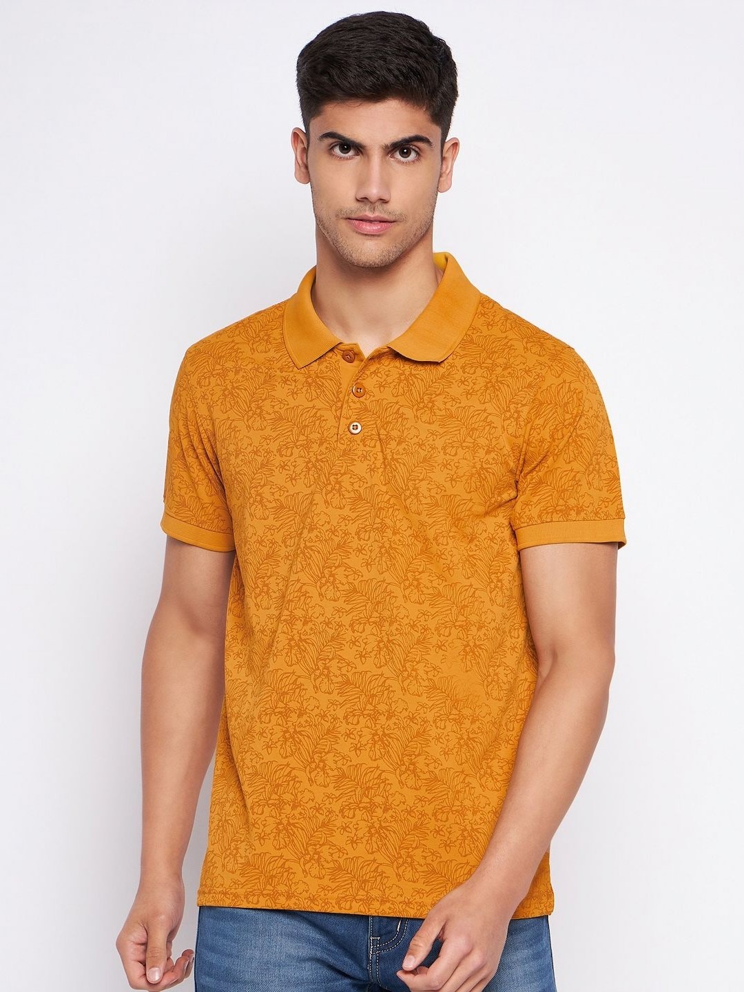 

AUXAMIS Men Printed Polo Collar Pockets T-shirt, Mustard