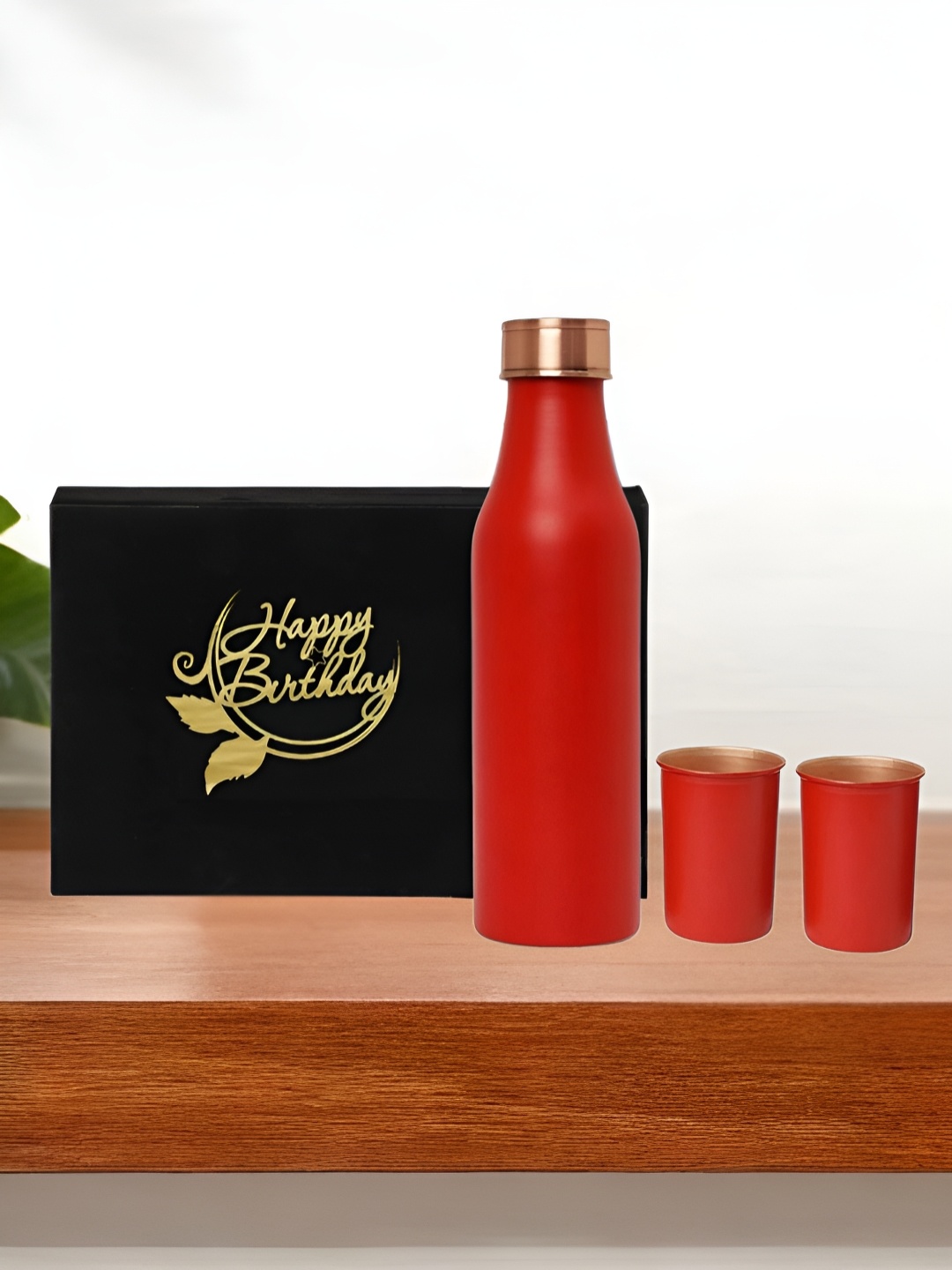 

INTERNATIONAL GIFT Red 3 Pieces Pure Copper Water Bottle With Glass Set Box & Bag 950ml