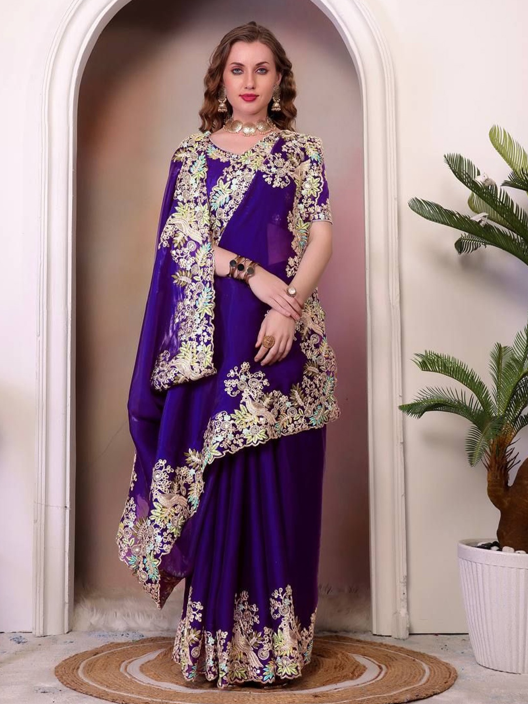 

Jinal & Jinal Embroidered Organza Fusion Saree, Purple