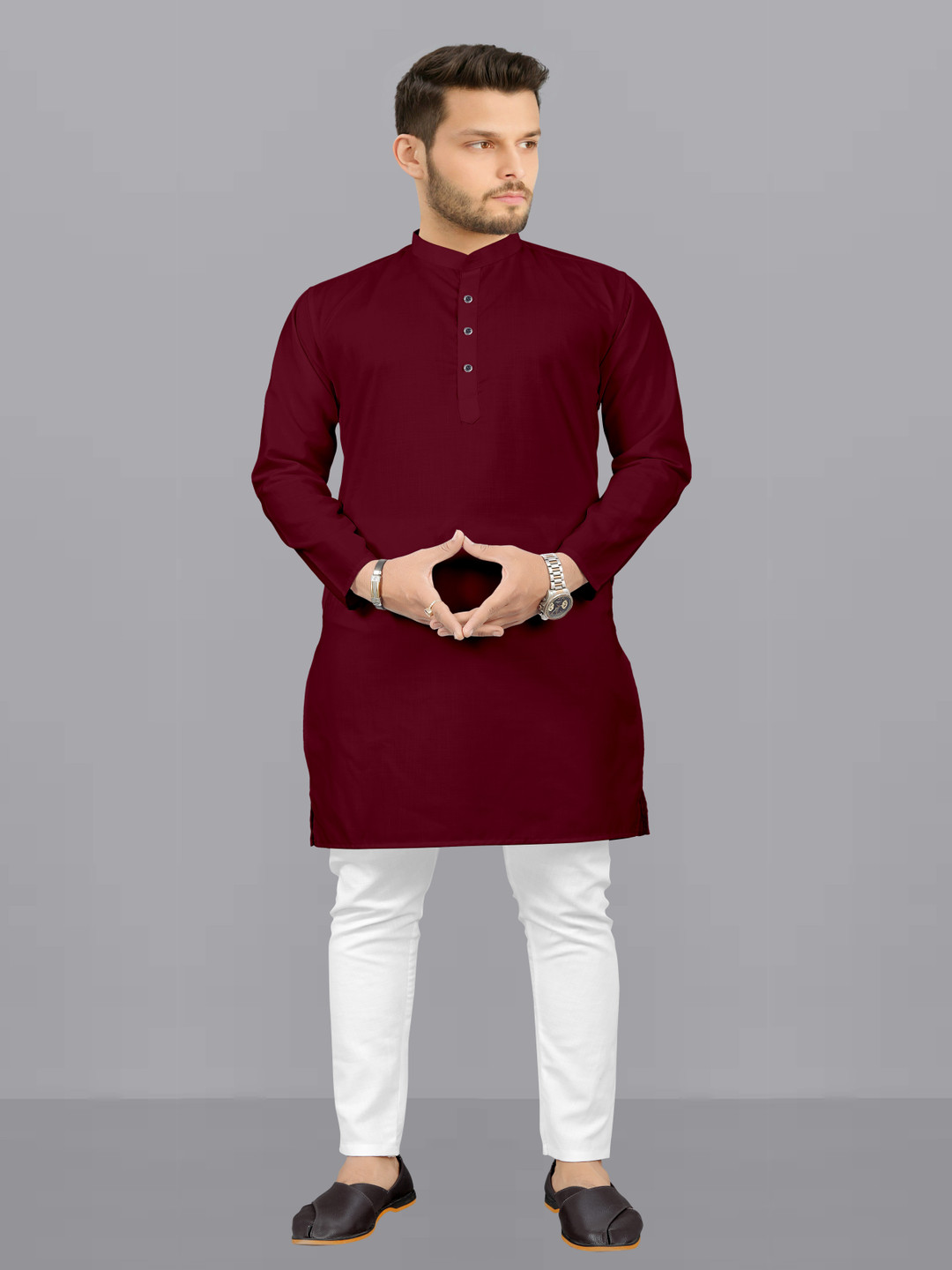 

Fashion FRICKS Mandarin Collar Straight Kurta With Pyjama, Maroon