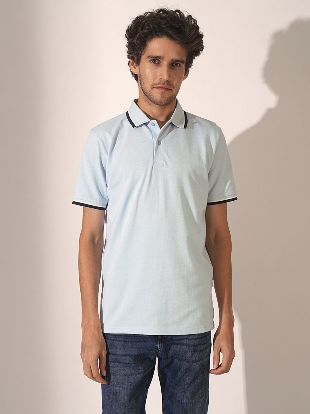 

SELECTED Men Solid Polo Collar Cotton T-shirt, Blue