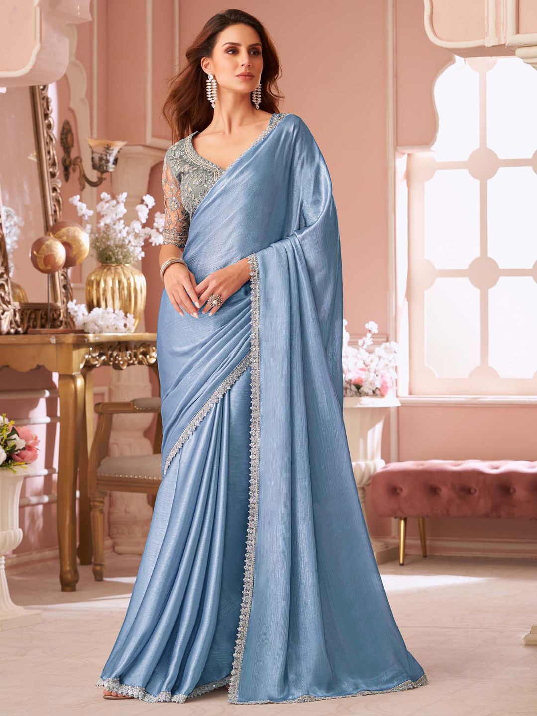 

Mitera Sequinned Pure Chiffon Saree, Blue