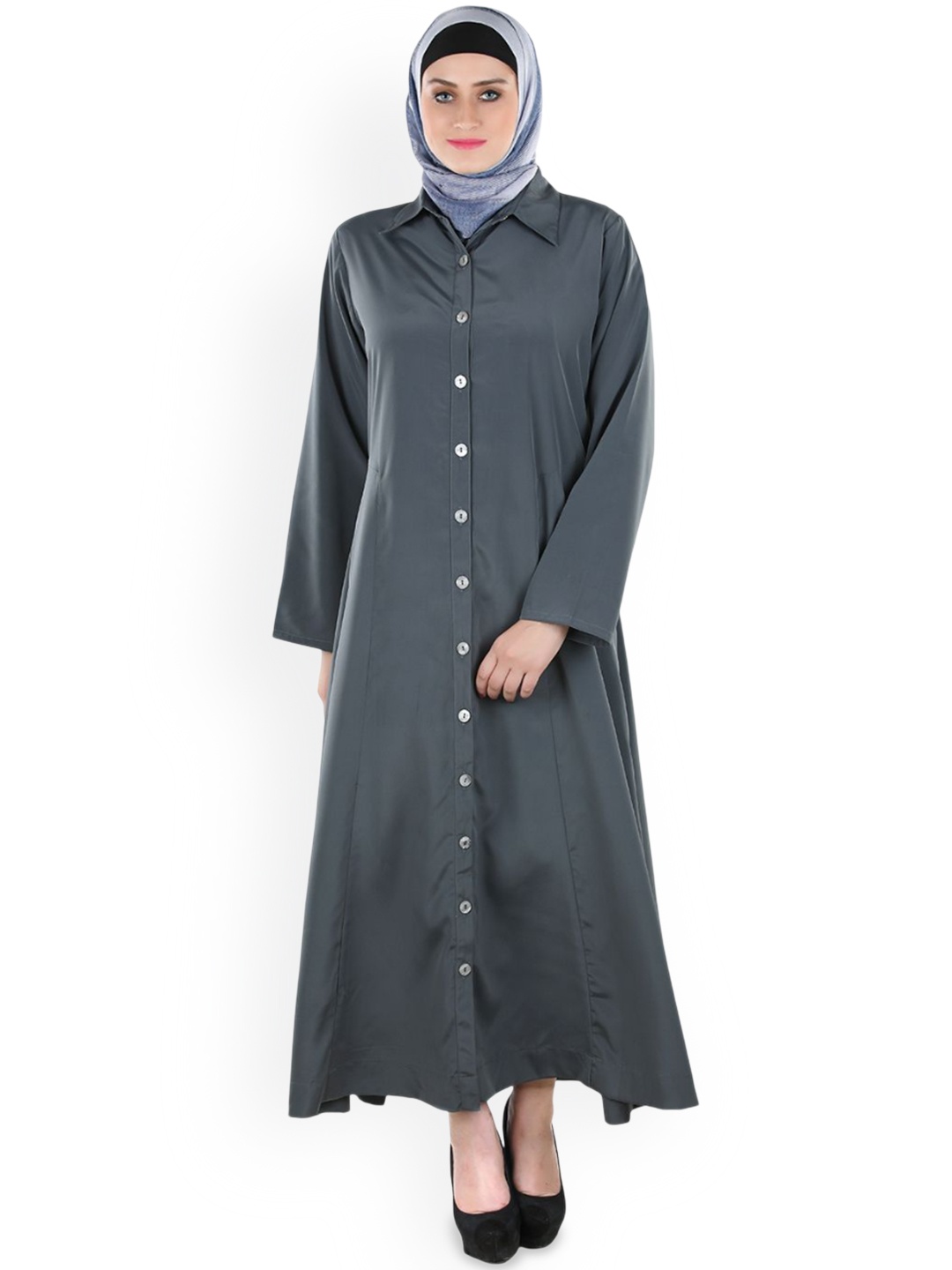 

MOMIN LIBAS Shirt Collar Neck Front Open Abaya, Grey