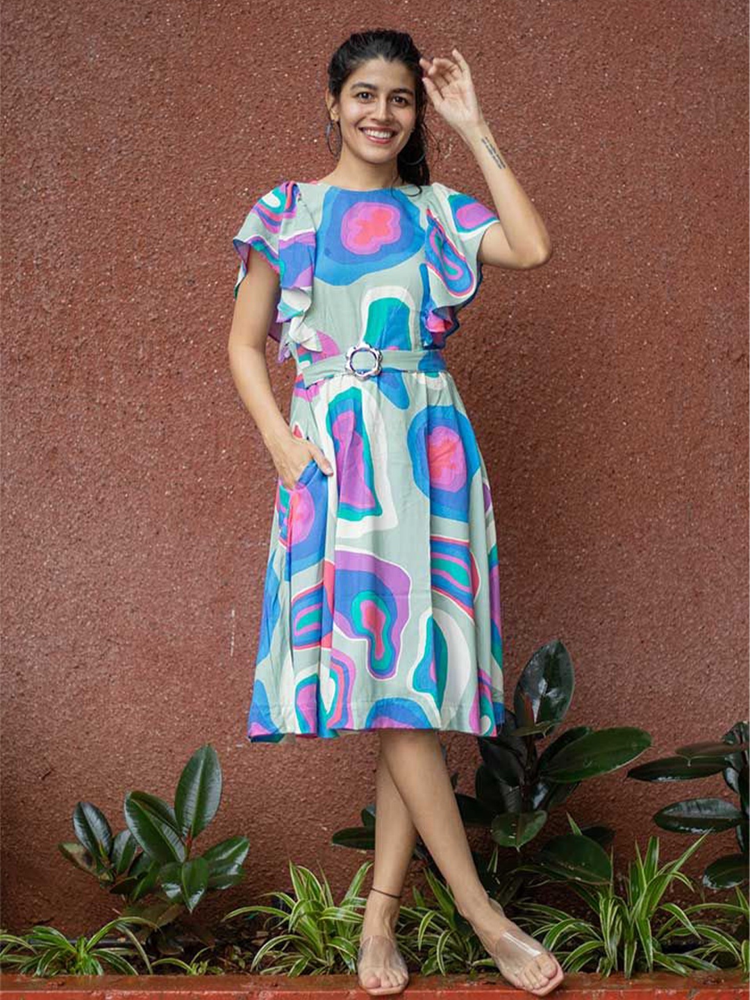 

Kmistry Women Printed Flared Sleeves Fit & Flare Dress, Sea green