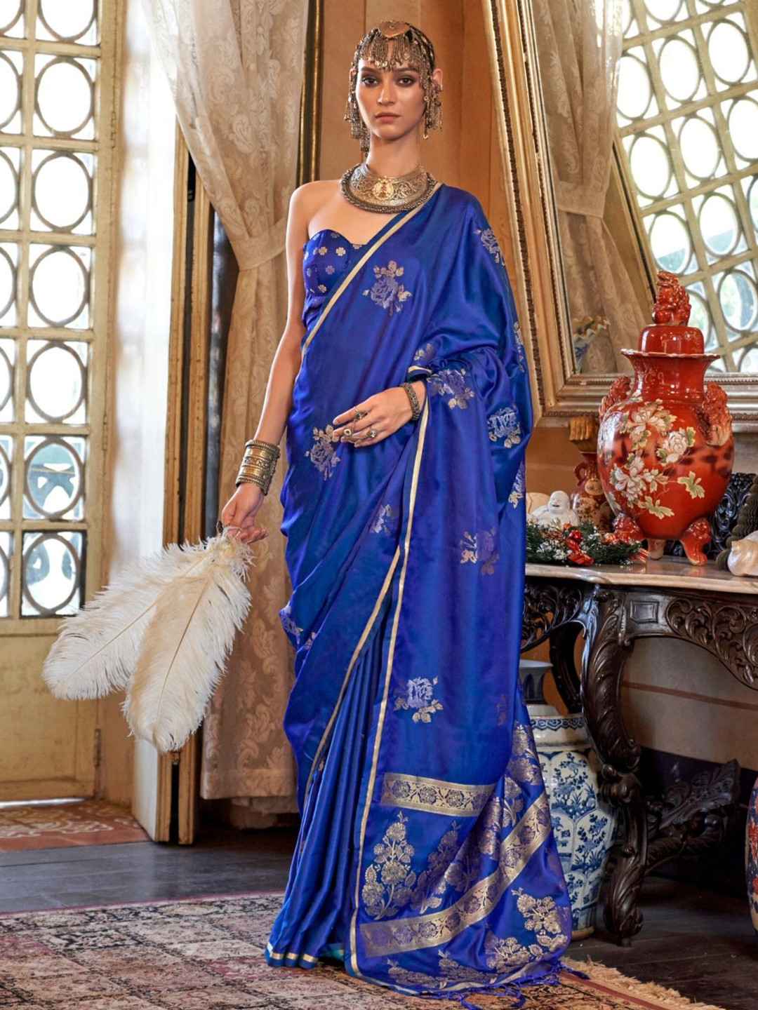 

BLENDIFY Woven Design Zari Satin Banarasi Saree, Blue