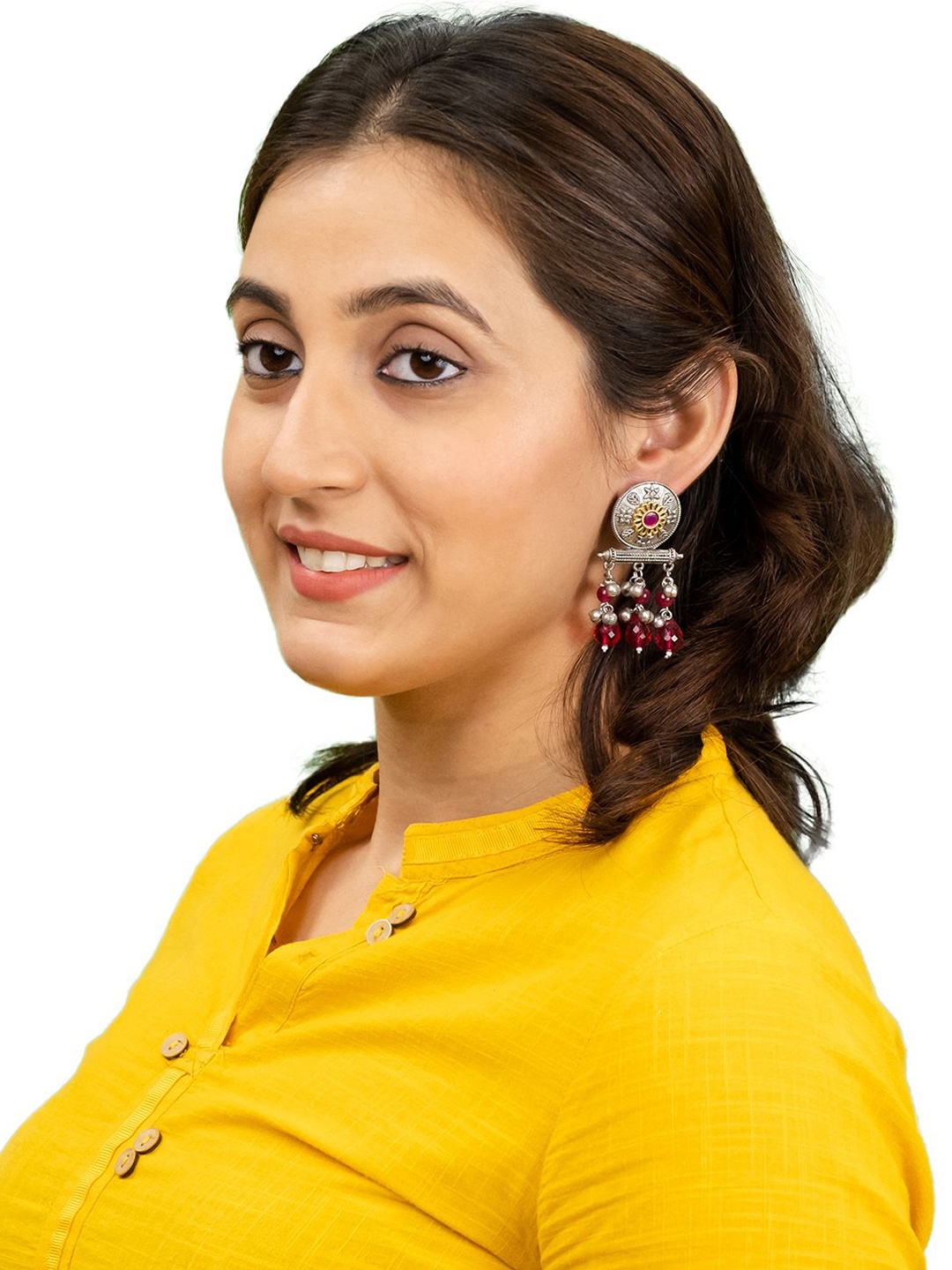 

Shining Jewel - By Shivansh Silver-Plated Artificial Stones Studded Antique Drop Earrings