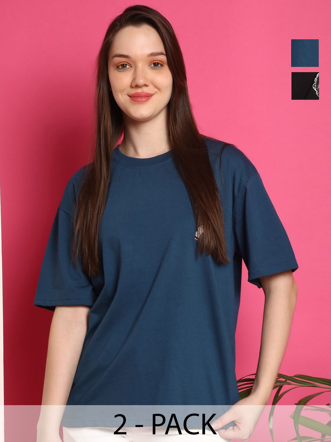 

Metronaut Women Pack Of 2 Graphic Printed Round Neck Cotton Oversized T-shirts, Teal