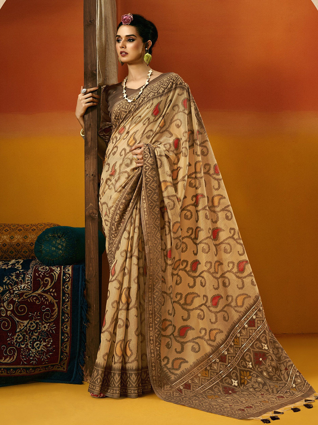 

MAHALASA Ethnic Motifs Pure Cotton Jamdani Saree, Beige