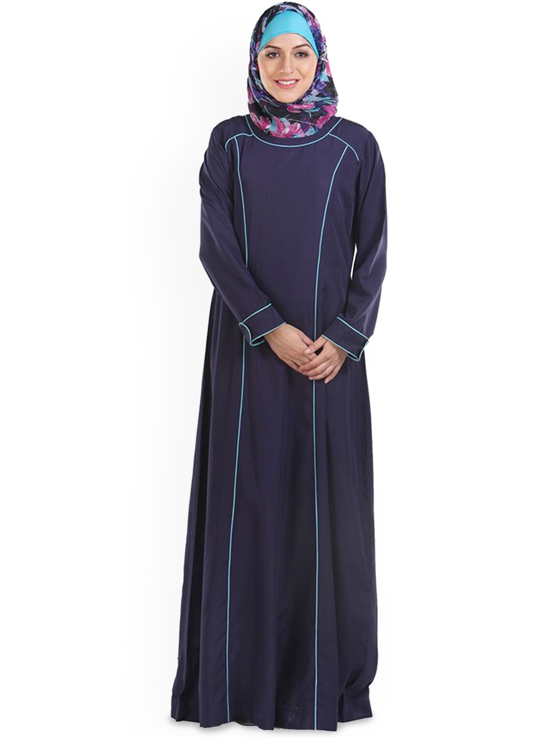 

MOMIN LIBAS Round Neck Piping Abaya, Navy blue