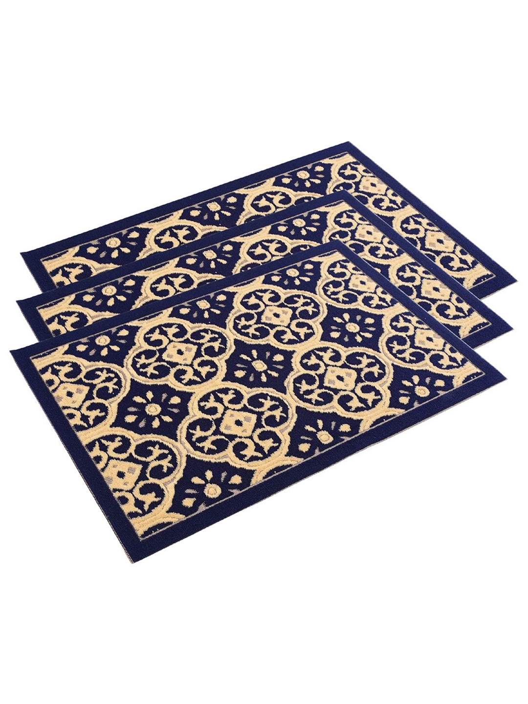 

Kuber Industries 3-Pcs Jacquard-Blue & Beige Floral Printed Rectangular Anti-Skid Doormats