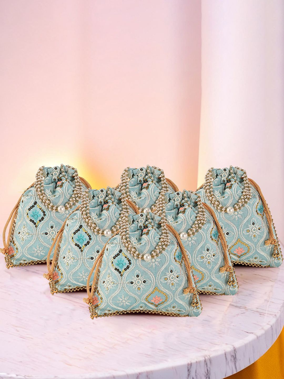 

Kuber Industries Unisex Set Of 6 Embroidered Potli Clutches With Pearl Handles, Blue