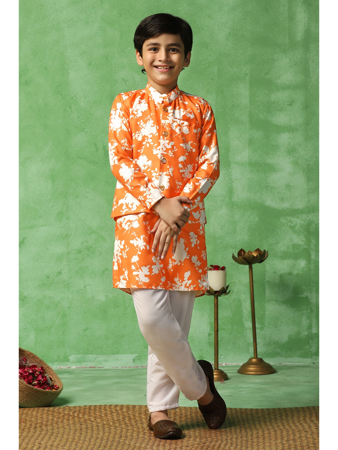 

Sangria Orange Boys Floral Printed Kurta With Trouser And Waistcoat