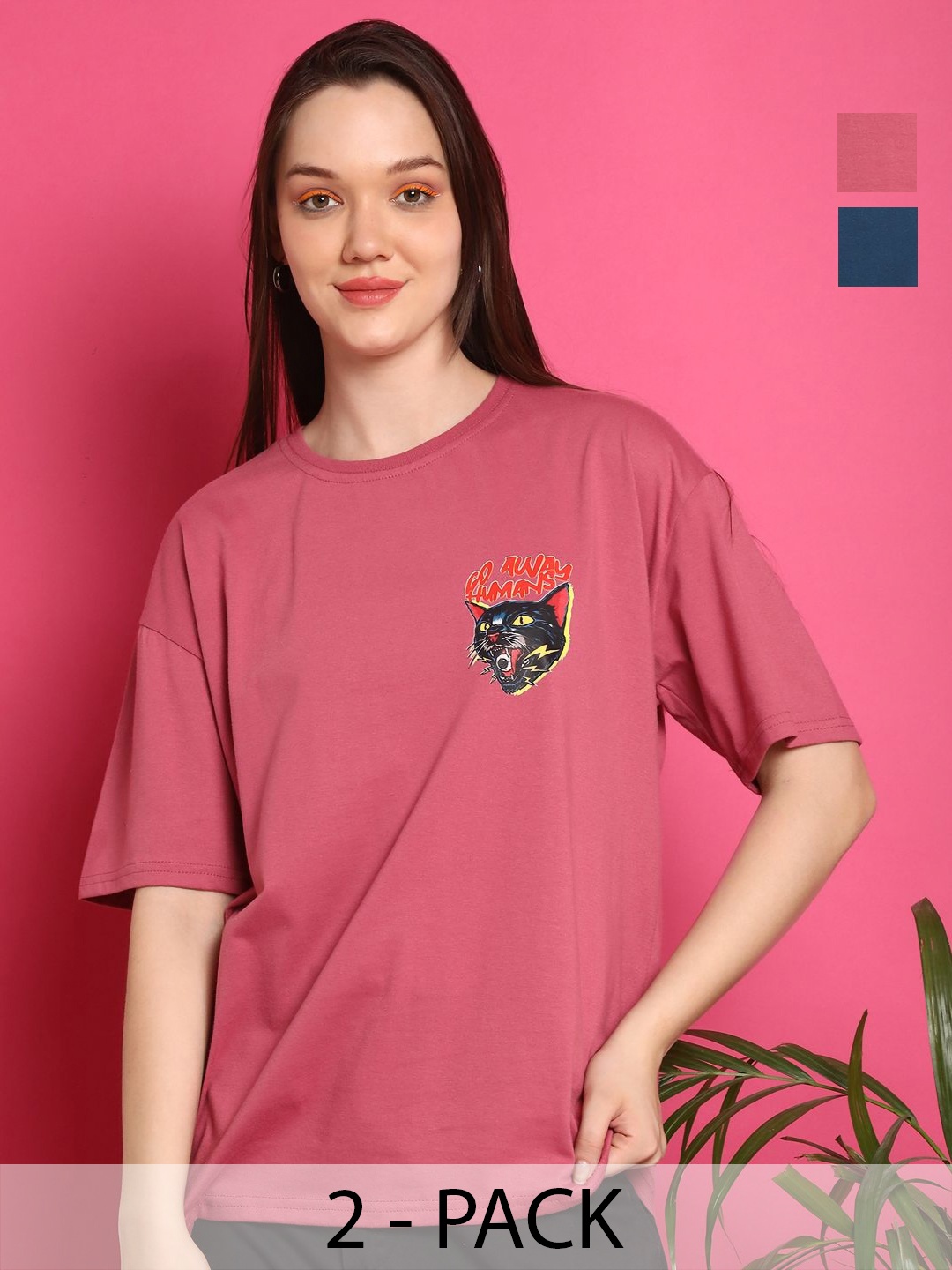

Metronaut Women Pack Of 2 Graphic Printed Round Neck Cotton Oversized T-shirts, Peach
