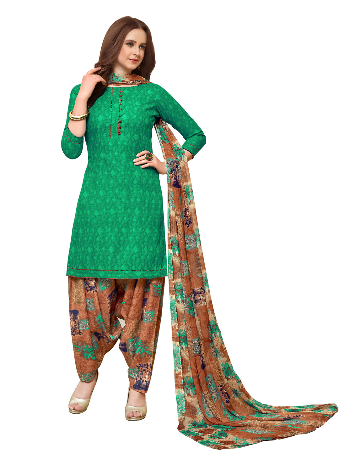 

HERE&NOW Geometric Printed Cotton Blend Unstitched Dress Material, Sea green