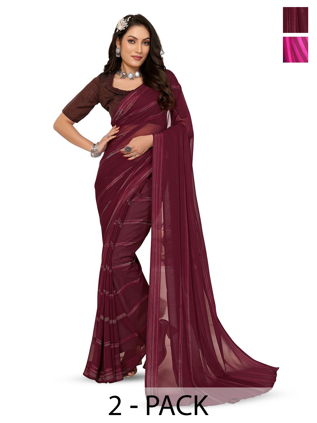 

Moda Rapido Pack Of 2 Striped Satin Saree, Maroon