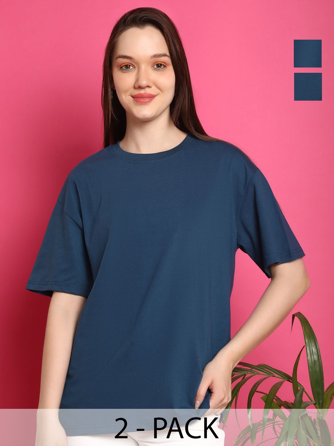 

Metronaut Women Pack Of 2 Graphic Printed Round Neck Cotton Oversized T-shirts, Teal