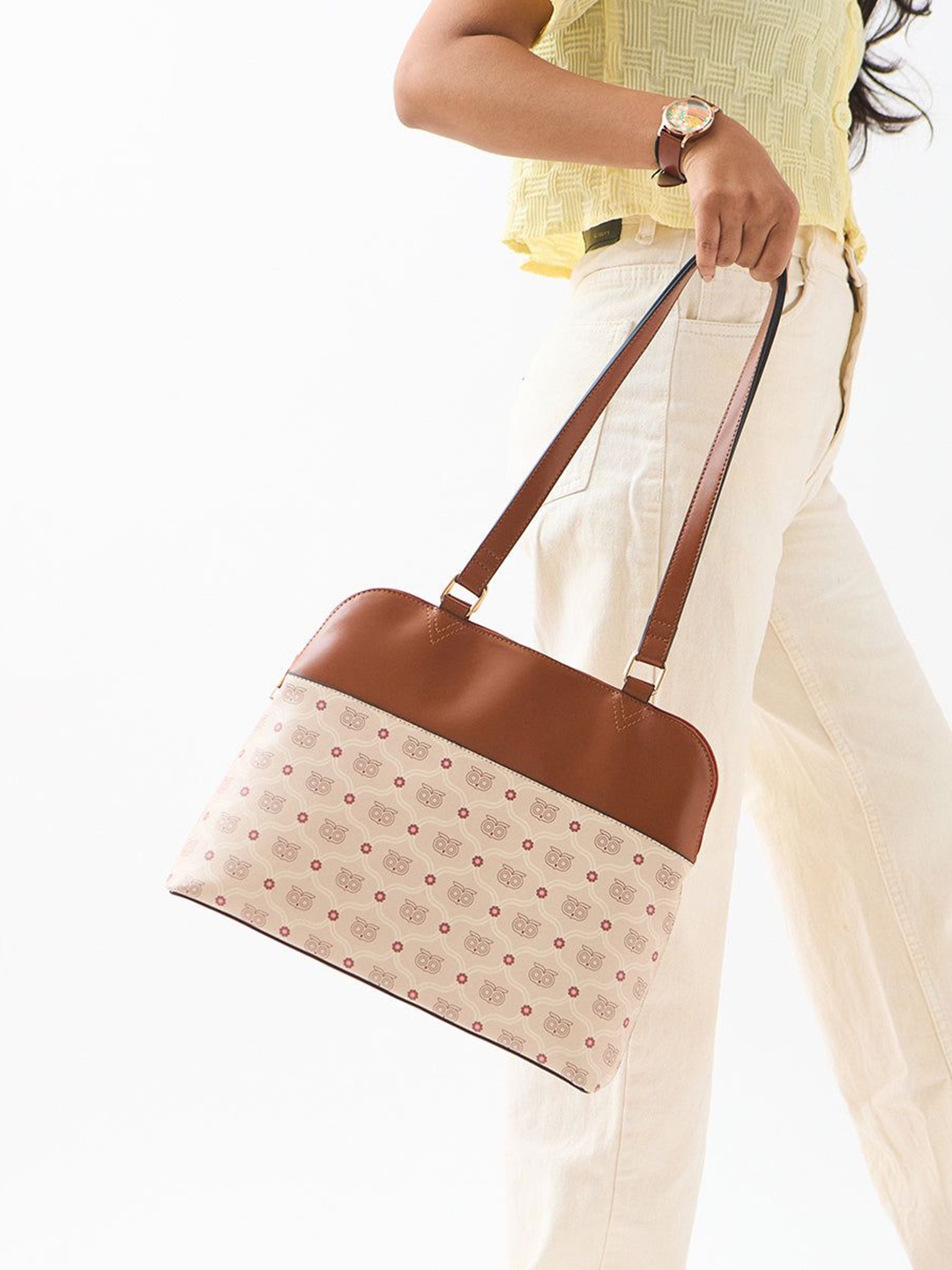 

Chumbak Women Monogram Printed Structured Shoulder Bag, Beige