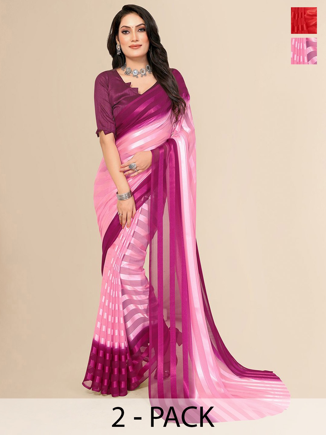 

Moda Rapido Pack Of 2 Striped Satin Saree, Purple