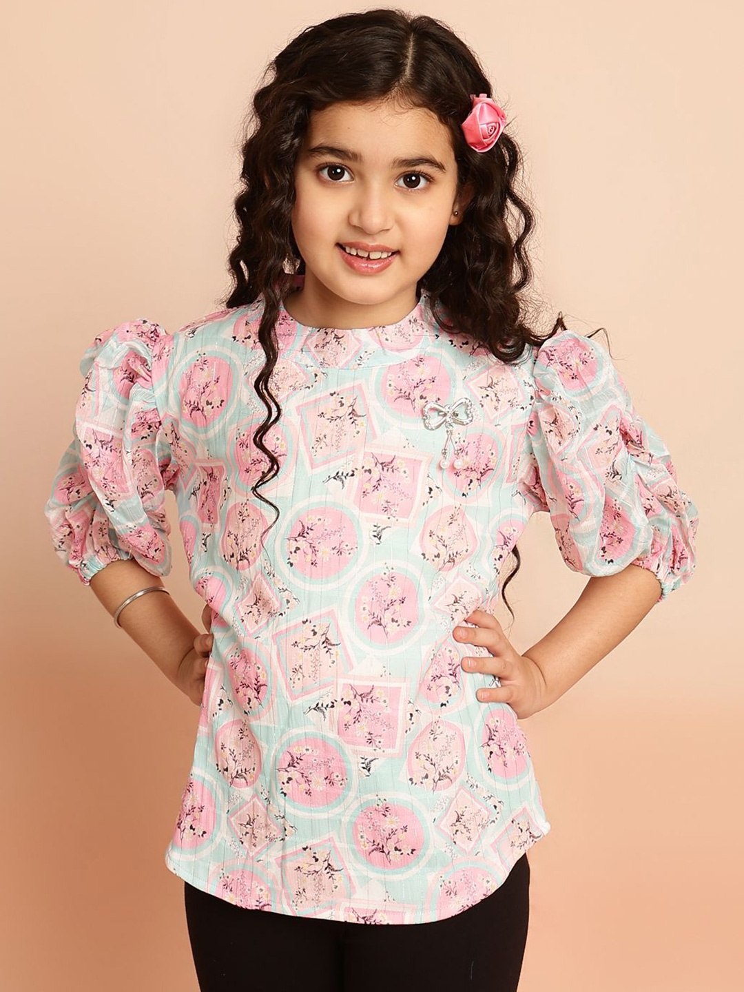 

Ishti Girls Floral Print Puff Sleeve Top, Blue