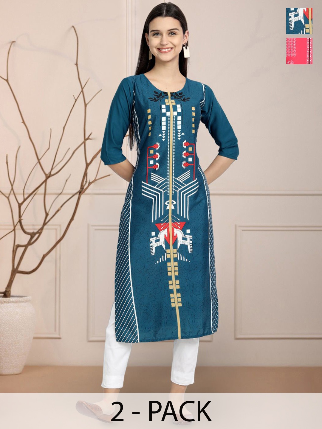 

Moda Rapido Teal Blue Selection Of 2 Geometric Printed Round Neck Straight Kurtas