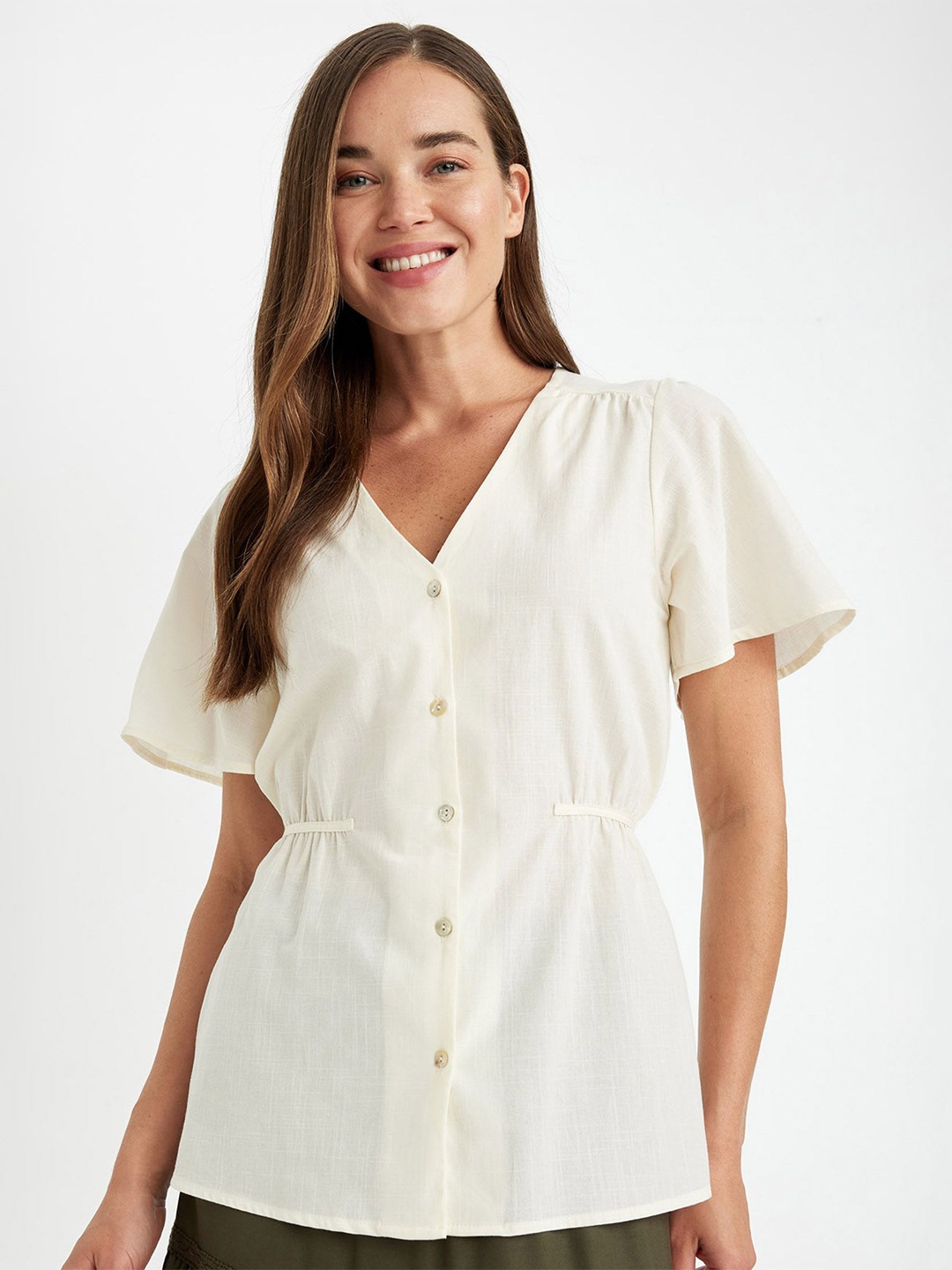 

DeFacto Women V-Neck Solid Cotton Casual Shirt, Off white