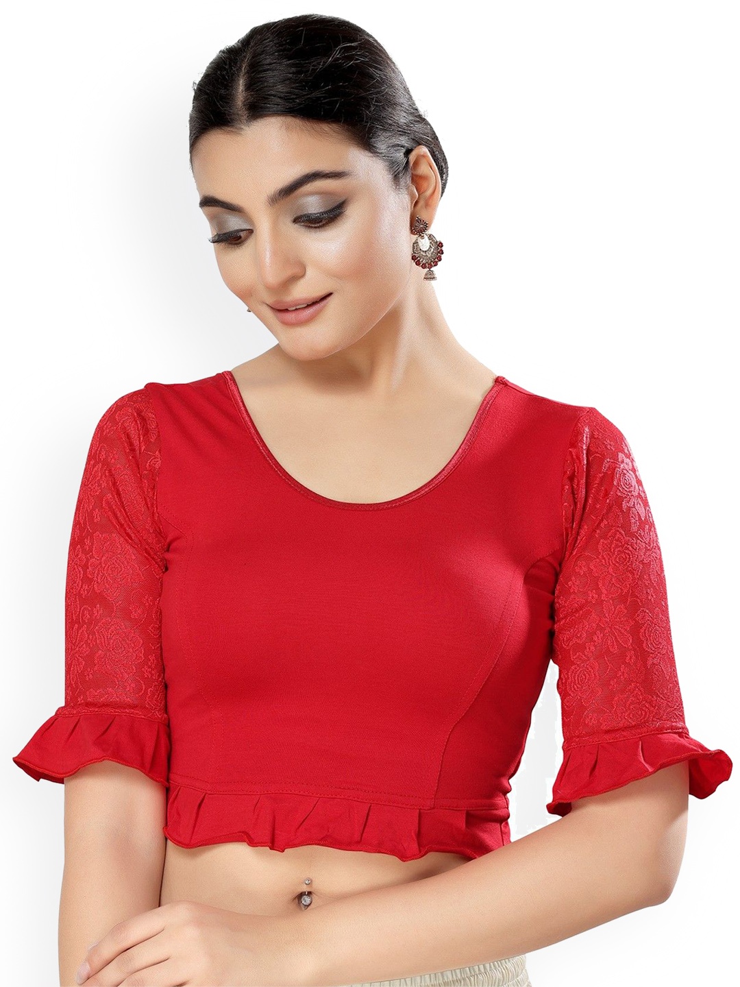 

Mmore Women Round Neck Stretchable Saree Blouse, Red