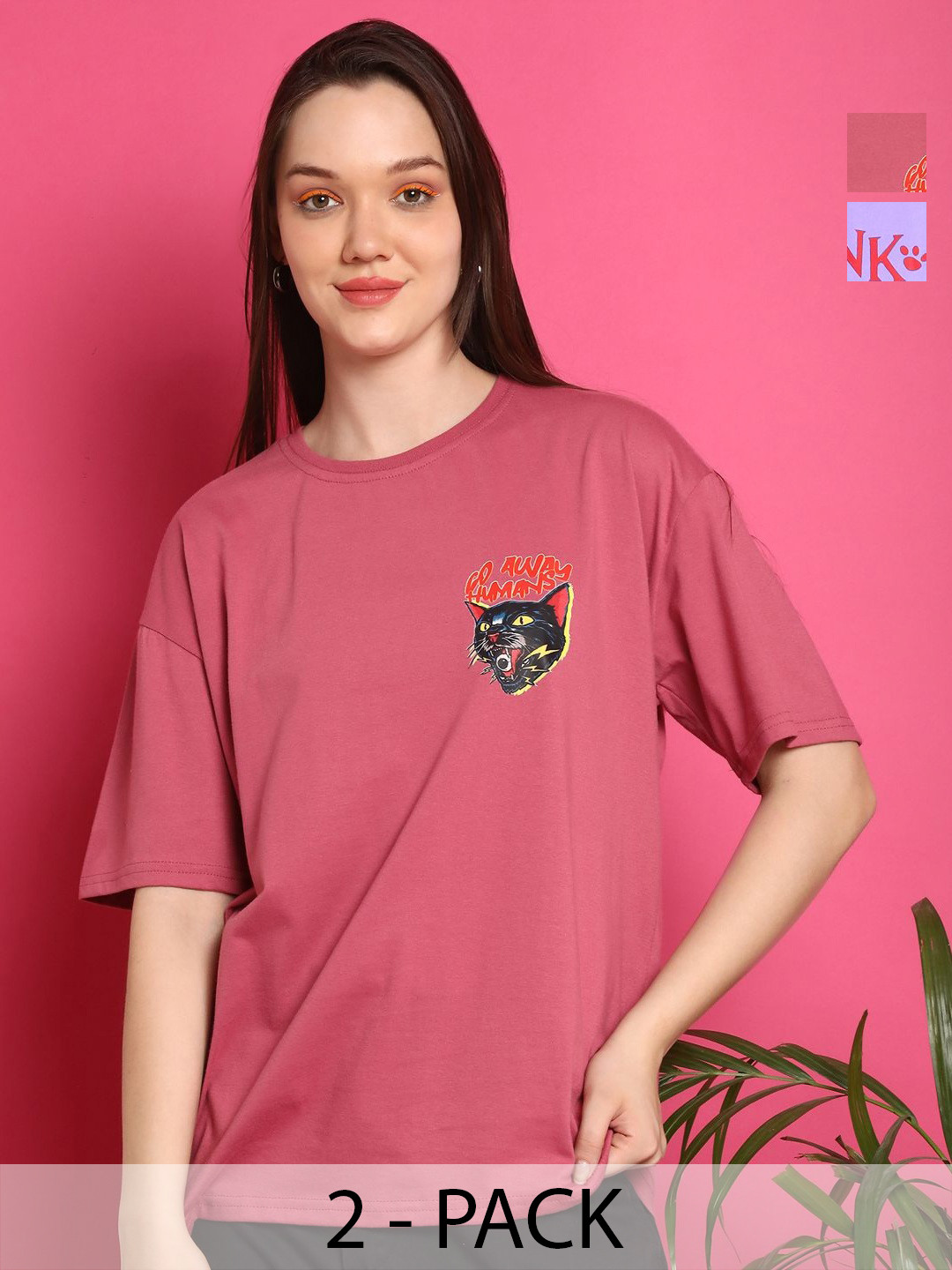

Metronaut Women Pack Of 2 Graphic Printed Round Neck Cotton Oversized T-shirts, Peach