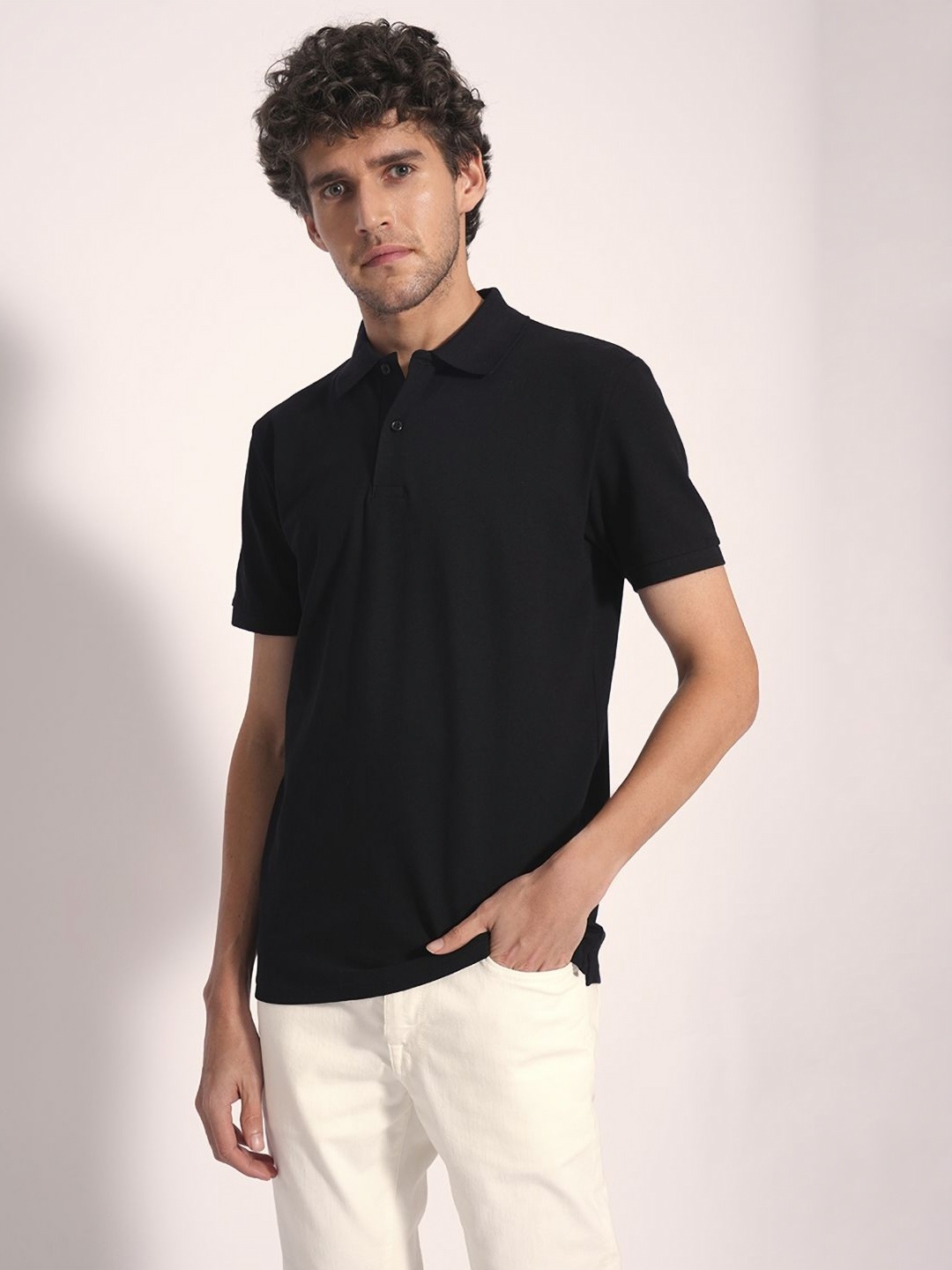 

SELECTED Men Solid Polo Collar Cotton T-shirt, Black