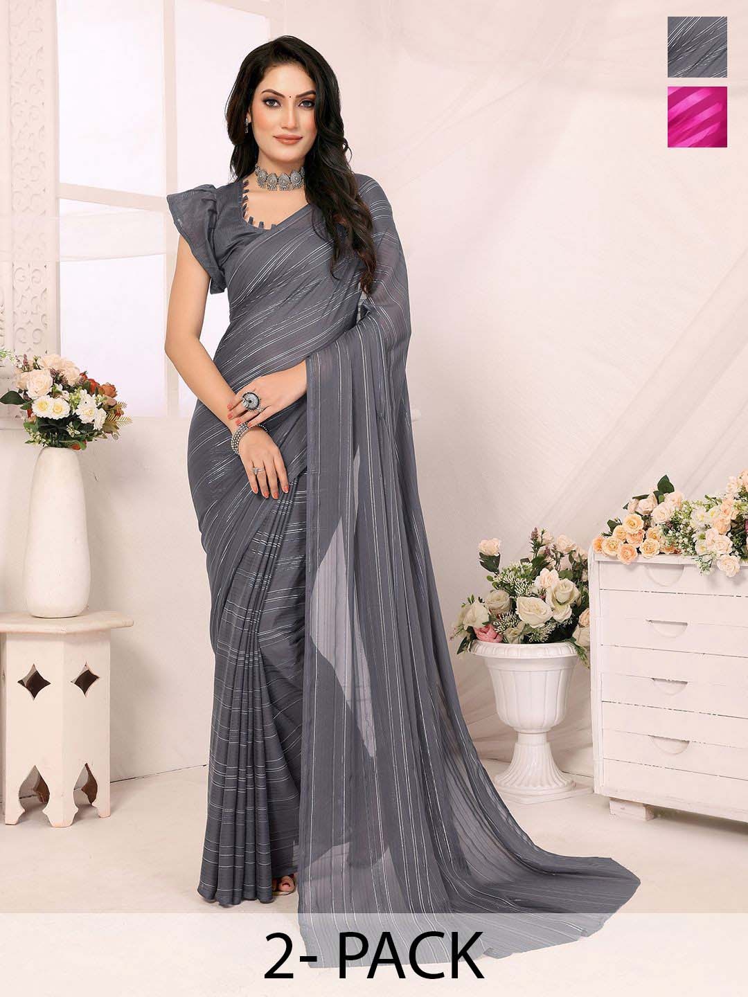 

Moda Rapido Pack Of 2 Striped Satin Saree, Grey