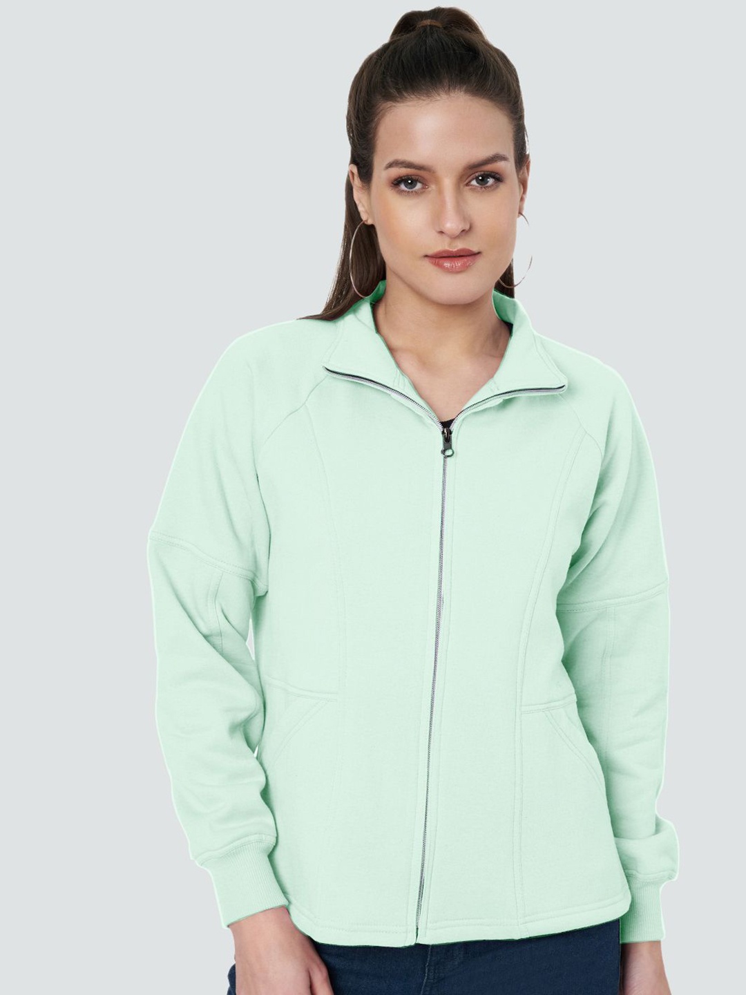 

BRINNS Women Mock Collar Solid Fleece Casual Bomber Jacket, Green