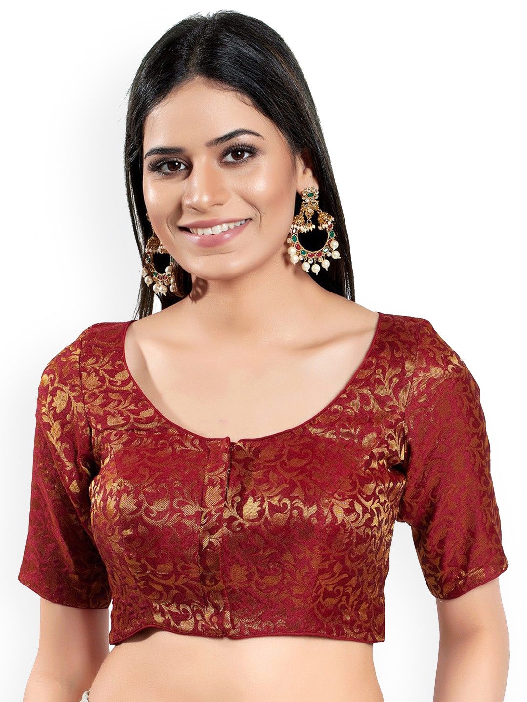 

Mmore Round Neck Saree Blouse, Maroon