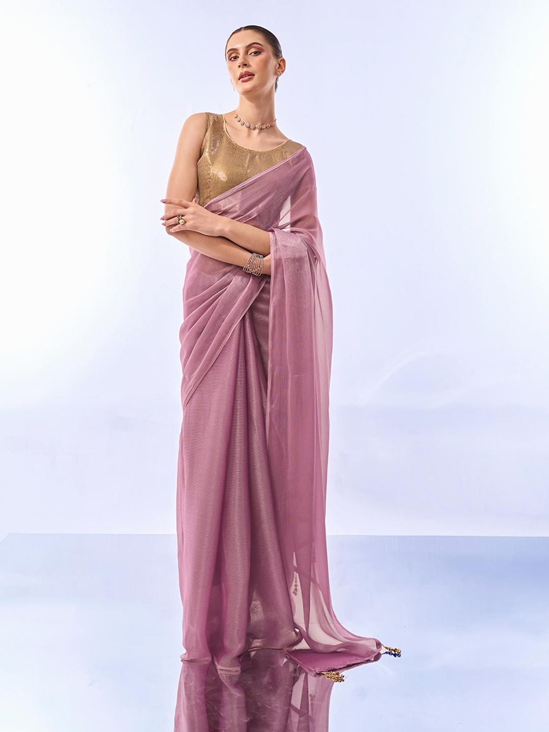 

SWADESI STUFF Sequinned Pure Chiffon Saree, Pink