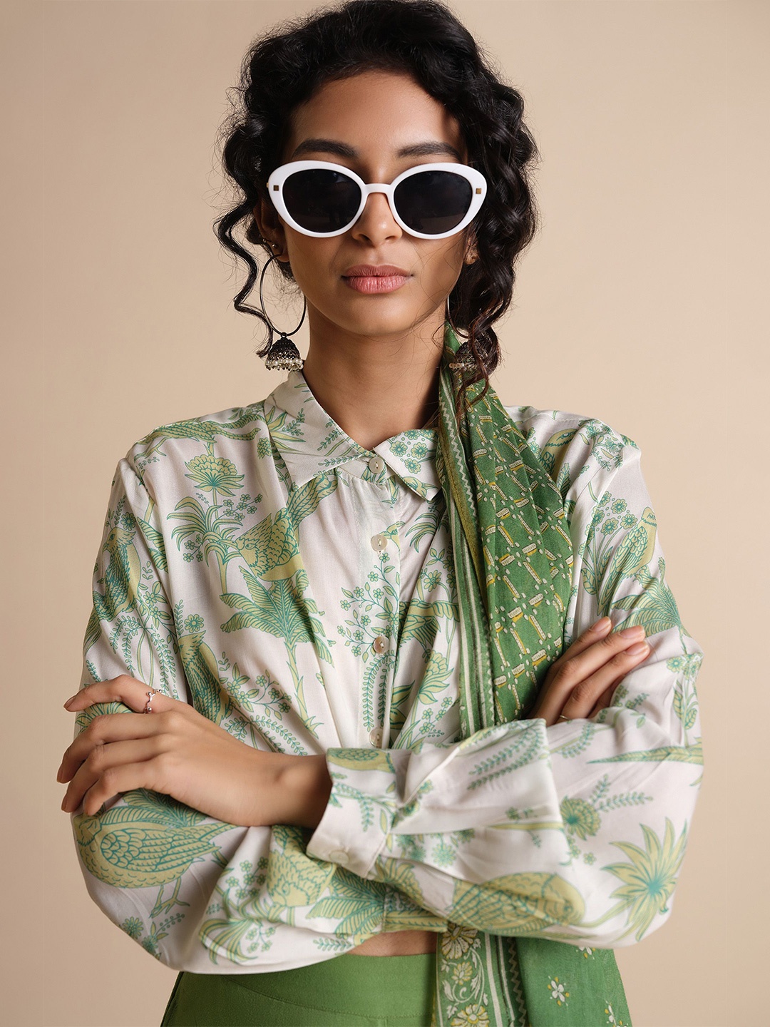 

Global Desi Women Floral Print Shirt Style Top, Off white