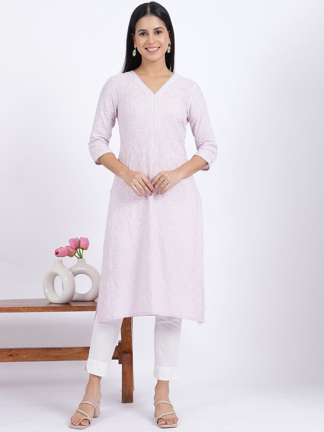 

W Floral Embroidered V-Neck Chikankari A-Line Kurta, Pink