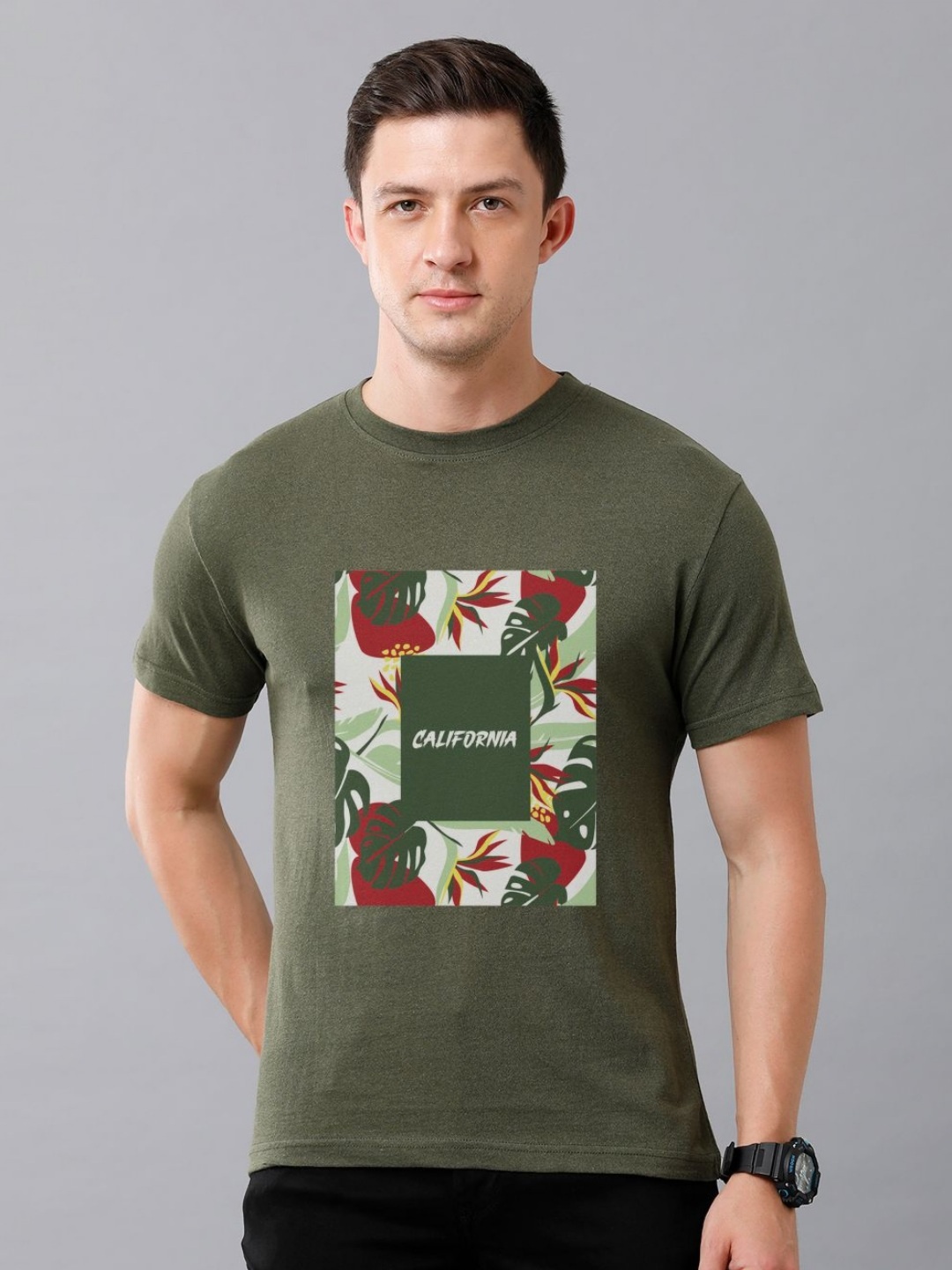 

Moda Rapido Men Graphic Printed Round Neck Cotton T-shirt, Olive