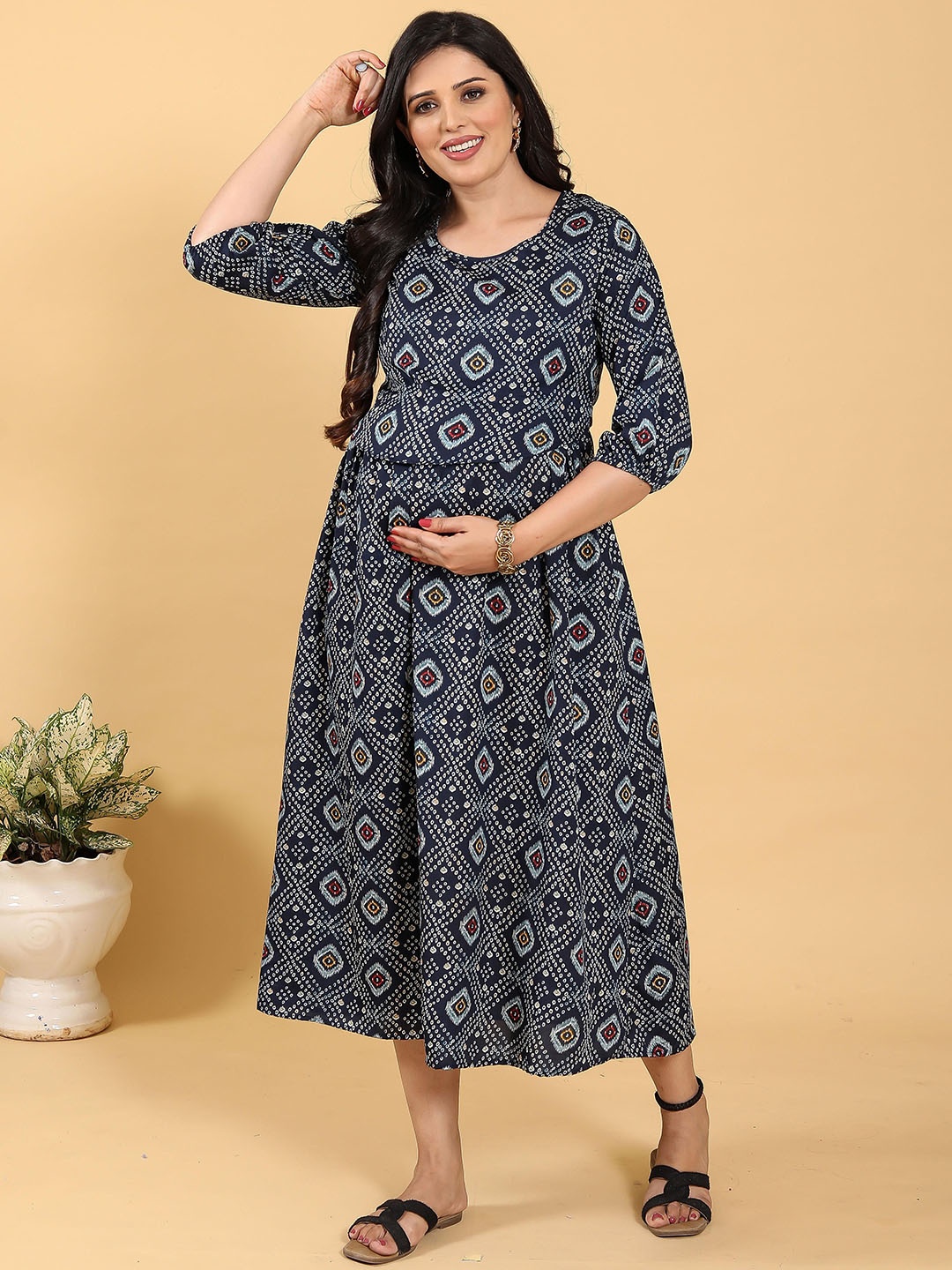

RITIJYA Bandhani Printed Round Neck Maternity Fit And Flare Ethnic Dresses, Blue
