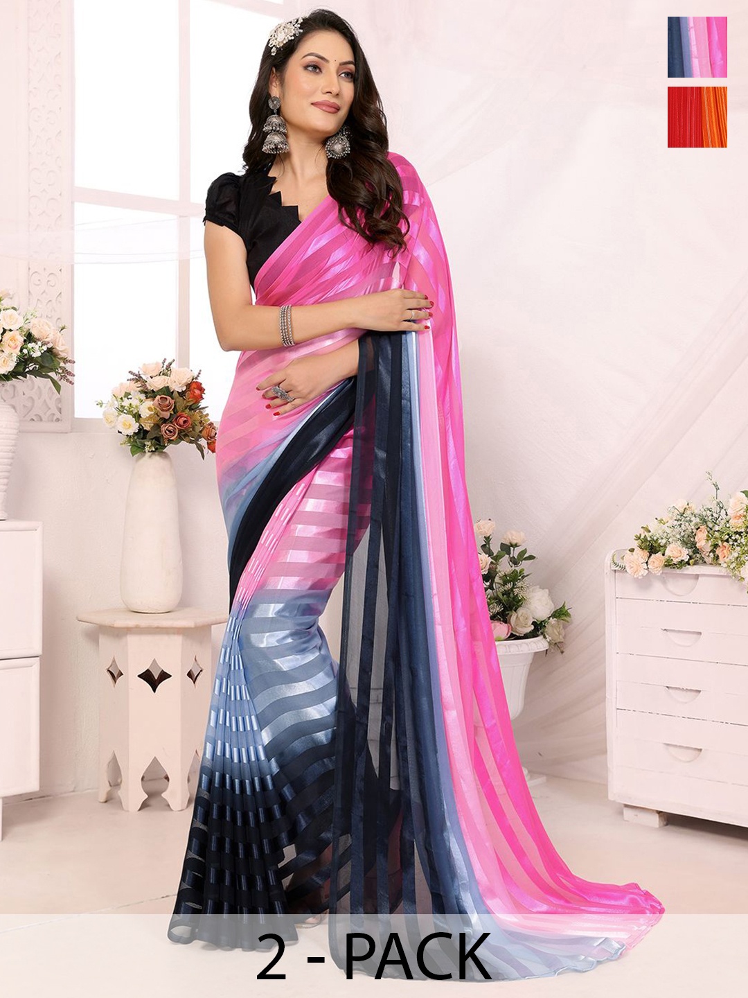 

Moda Rapido Pack Of 2 Striped Satin Saree, Pink