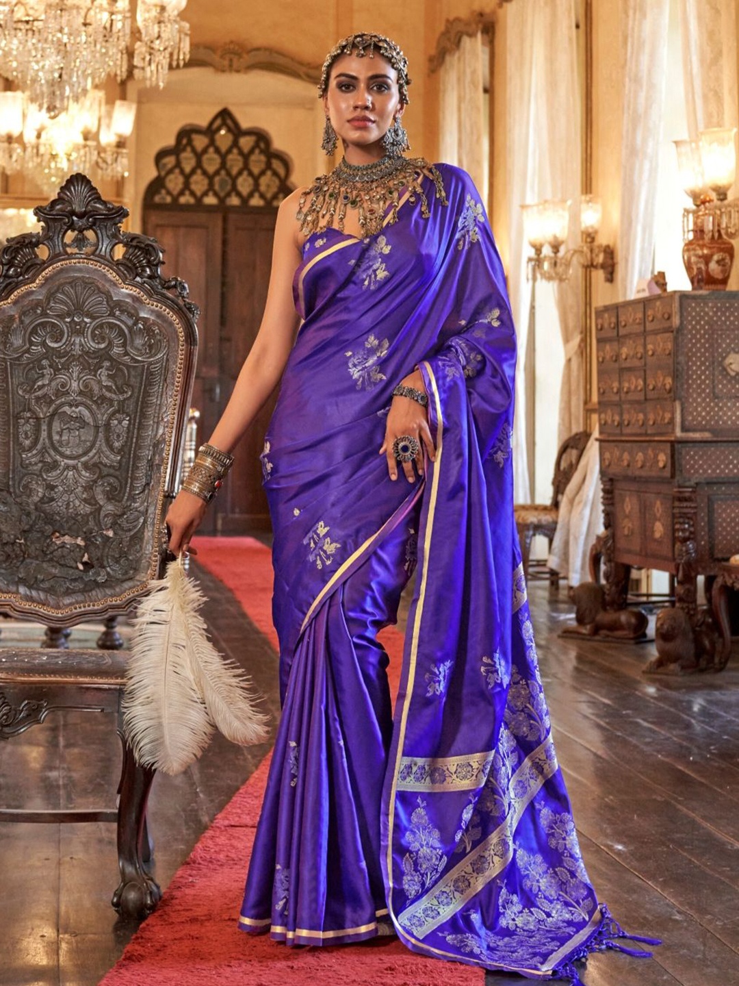 

BLENDIFY Woven Design Satin Banarasi Saree, Purple