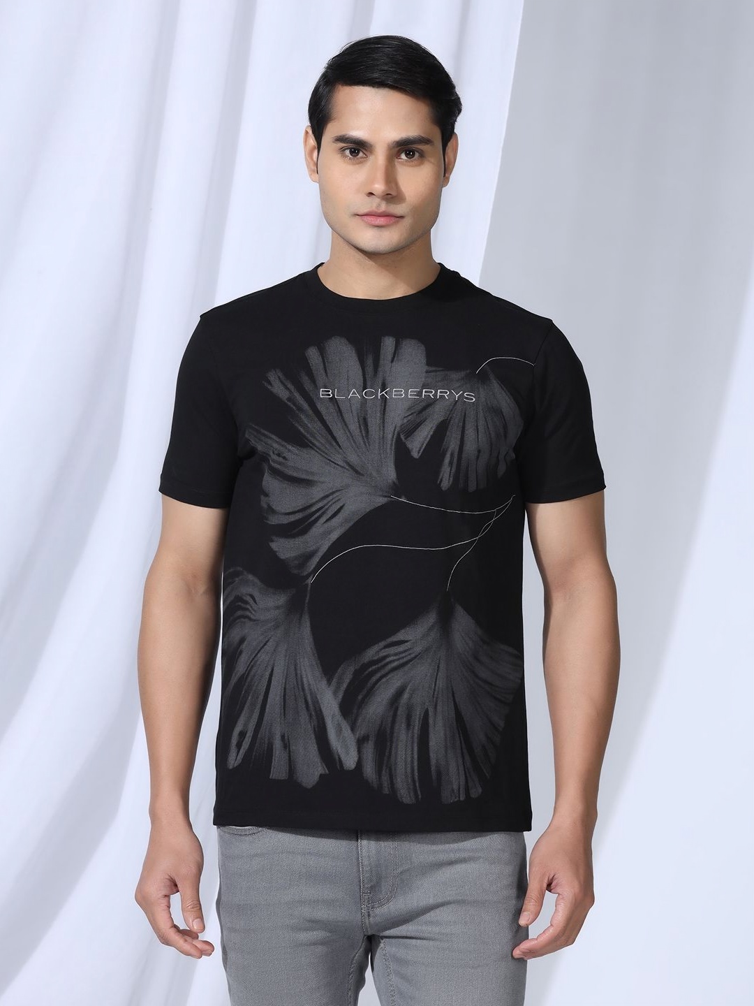 

Blackberrys Men Graphic Printed Round Neck Cotton Slim Fit T-shirt, Black