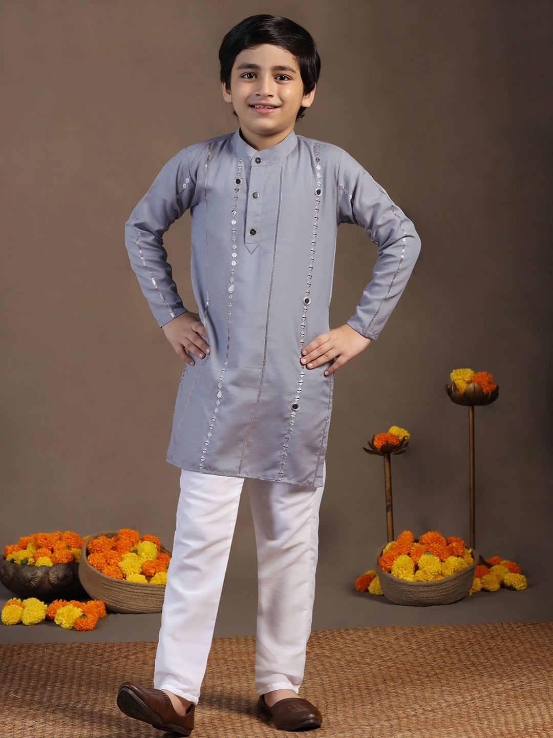 

Sangria Grey Boys Striped Embroidered Mirror Work Kurta With Trousers