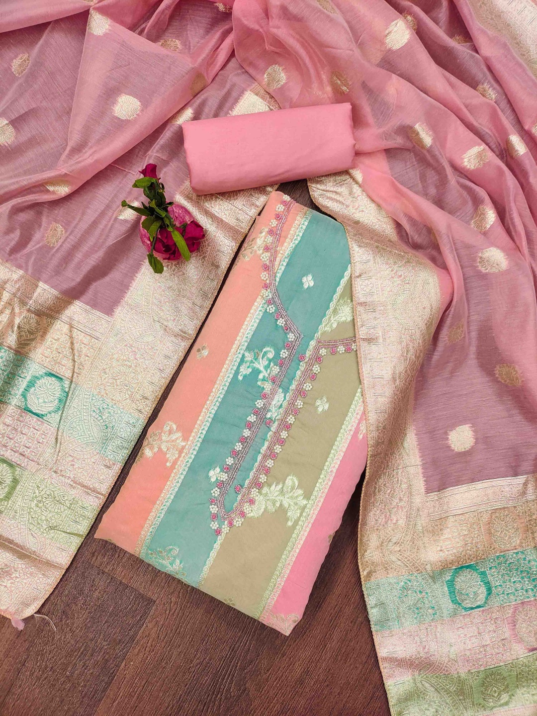 

KIMISHA Floral Woven Design Beads And Stones Unstitched Dress Material, Pink