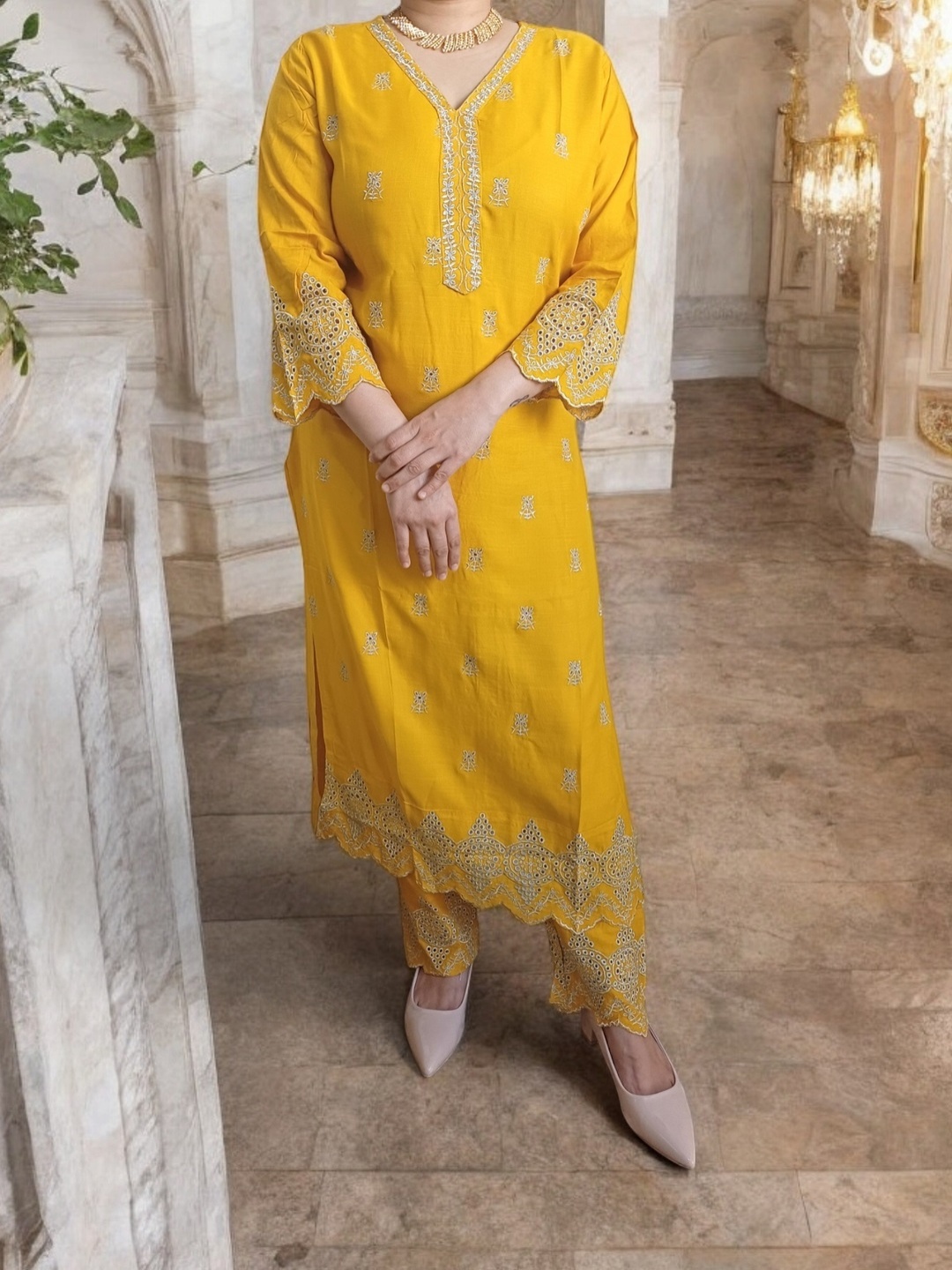 

Nadora Fashions Floral Embroidered V-Neck traight Kurta With Pyjamas And Dupatta, Mustard