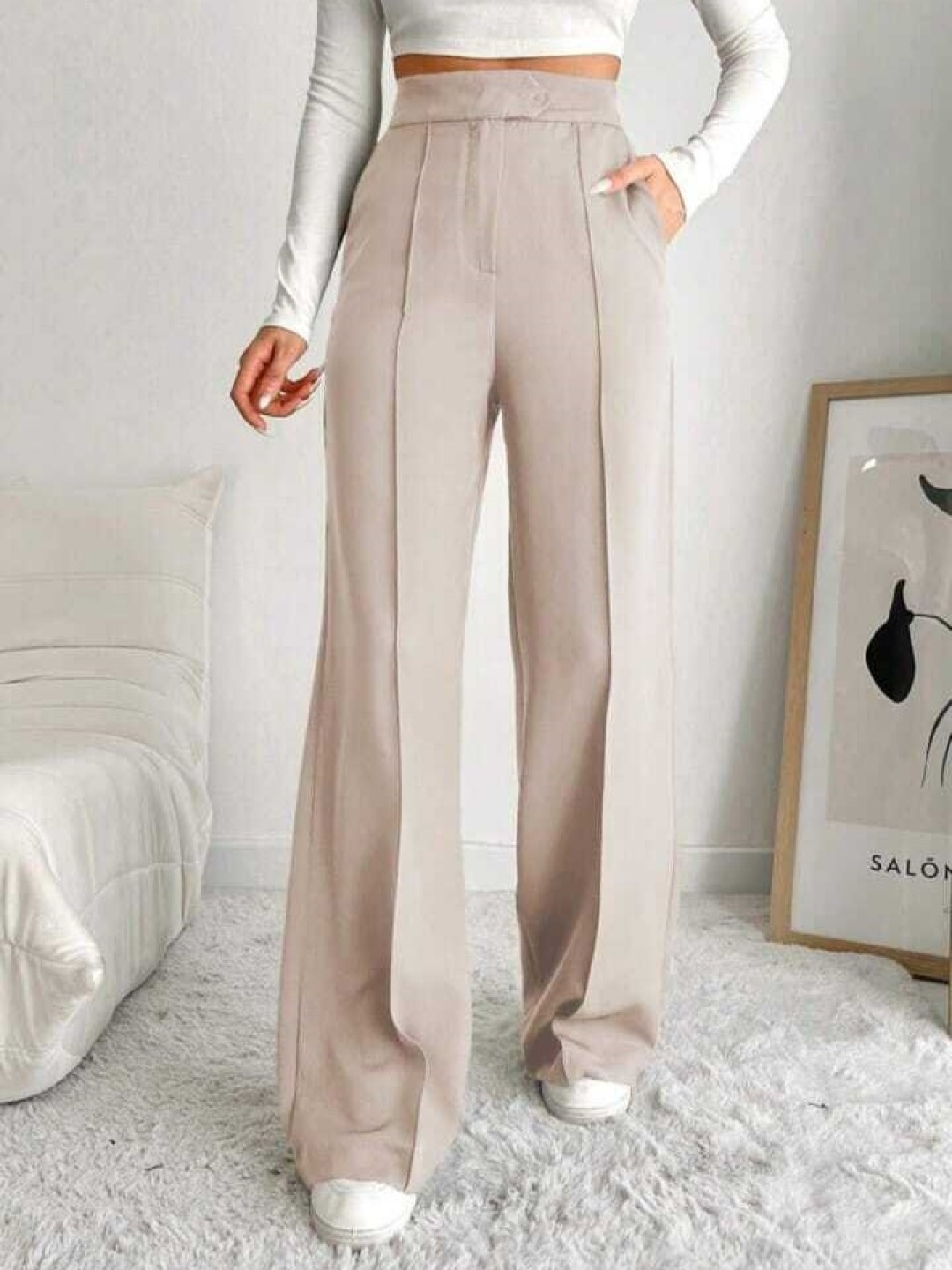 

BROADSTAR Women Smart Loose Fit High-Rise Pleated Trouser, Beige