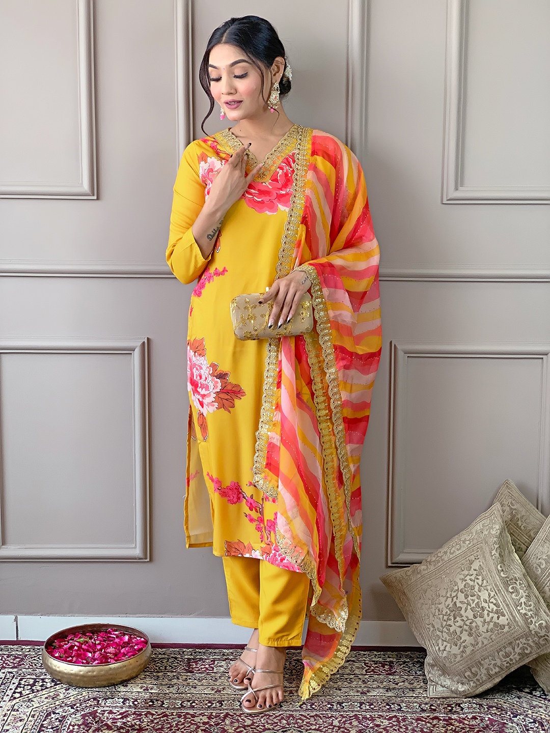 

BAESD Floral Printed V Neck Sequinned Kurta With Trousers And Dupatta, Yellow