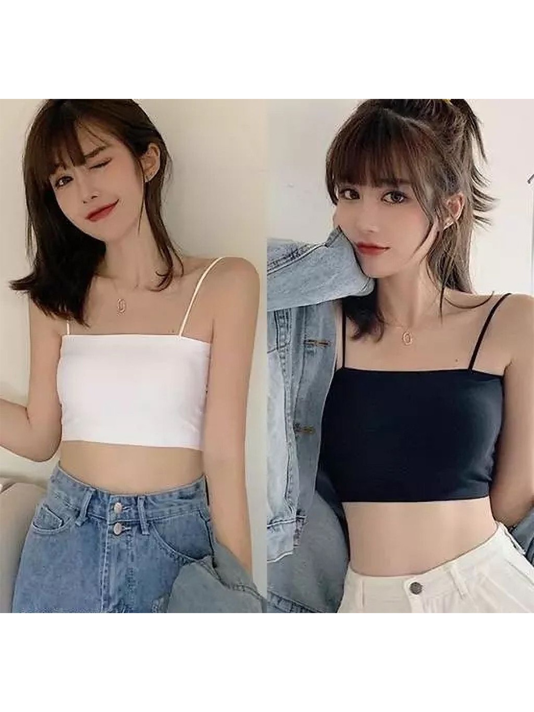 

SRISARAS Solid Shoulder Straps Crop Top, Black