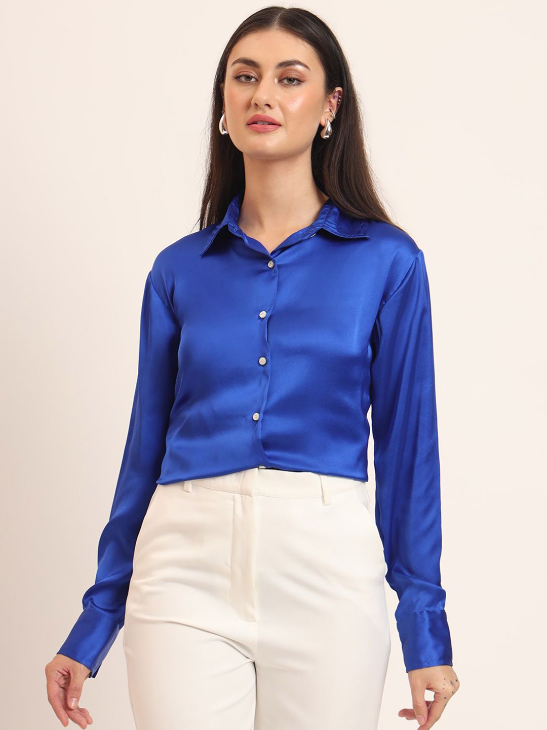 

AMSWAN Women Comfort Fit Spread Collar Solid Satin Casual Shirt, Blue