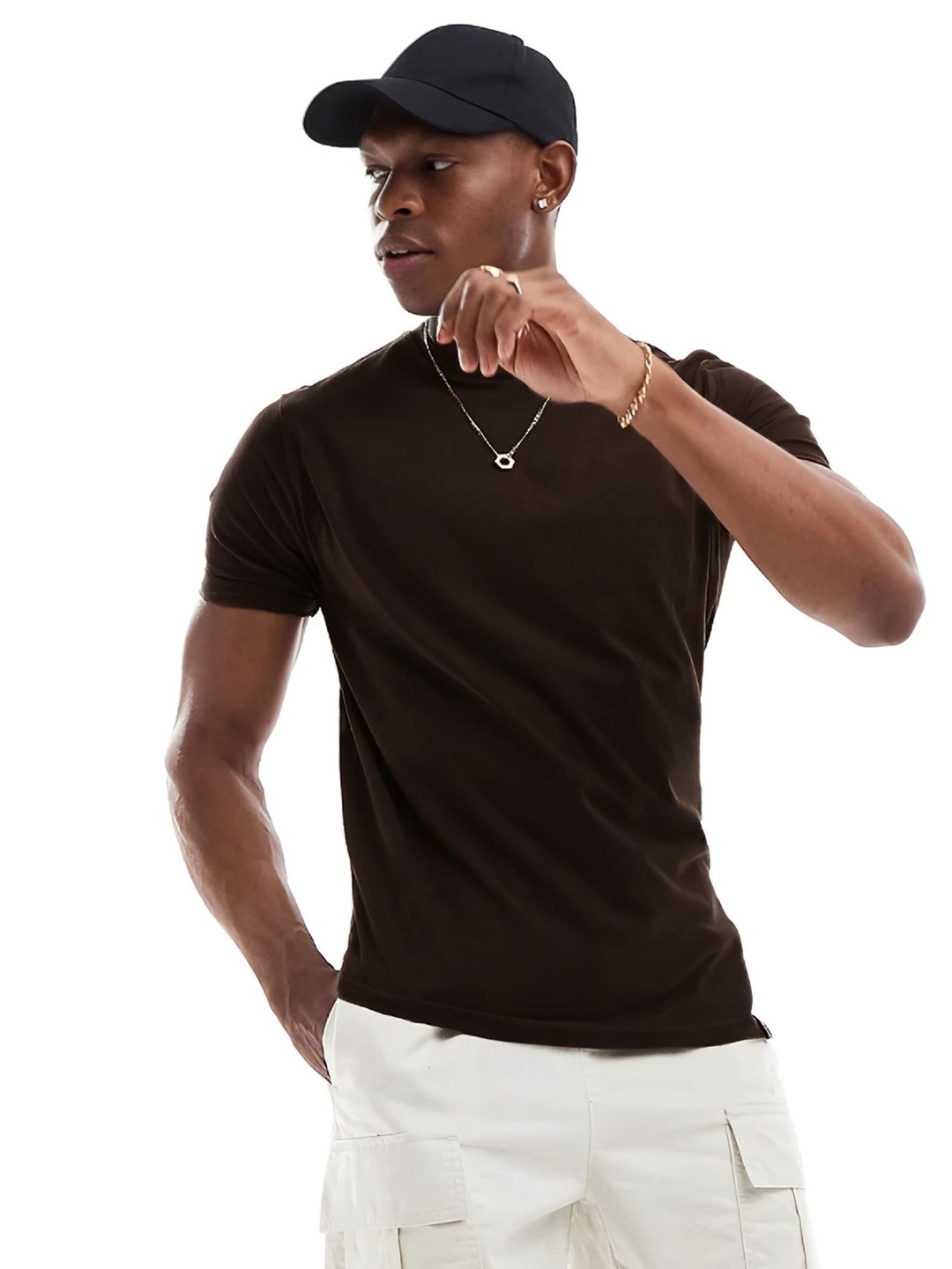 

Aux India Company Men Solid Round Neck Pure Cotton T-shirt, Coffee brown